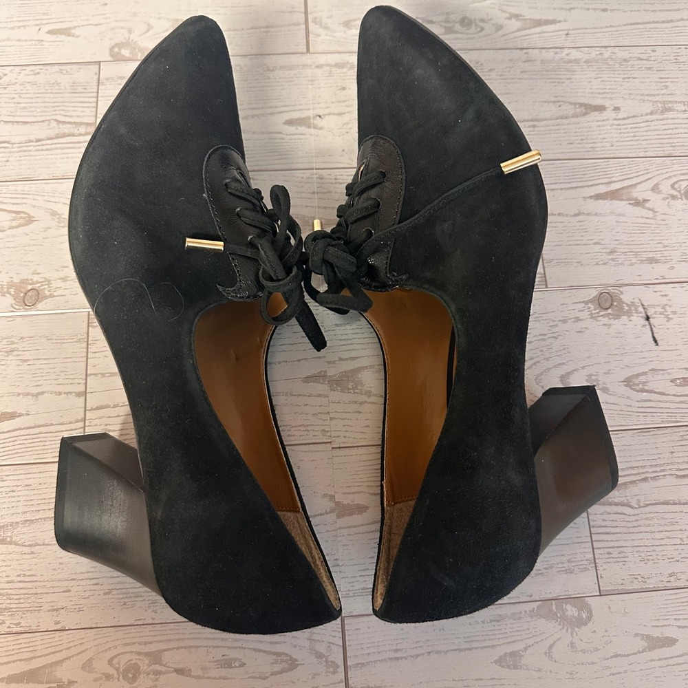 J. Renee Black Suede Lace Up Pointed Toe Block Heel Officecore Pumps Womens 7.5M - Picture 6 of 9